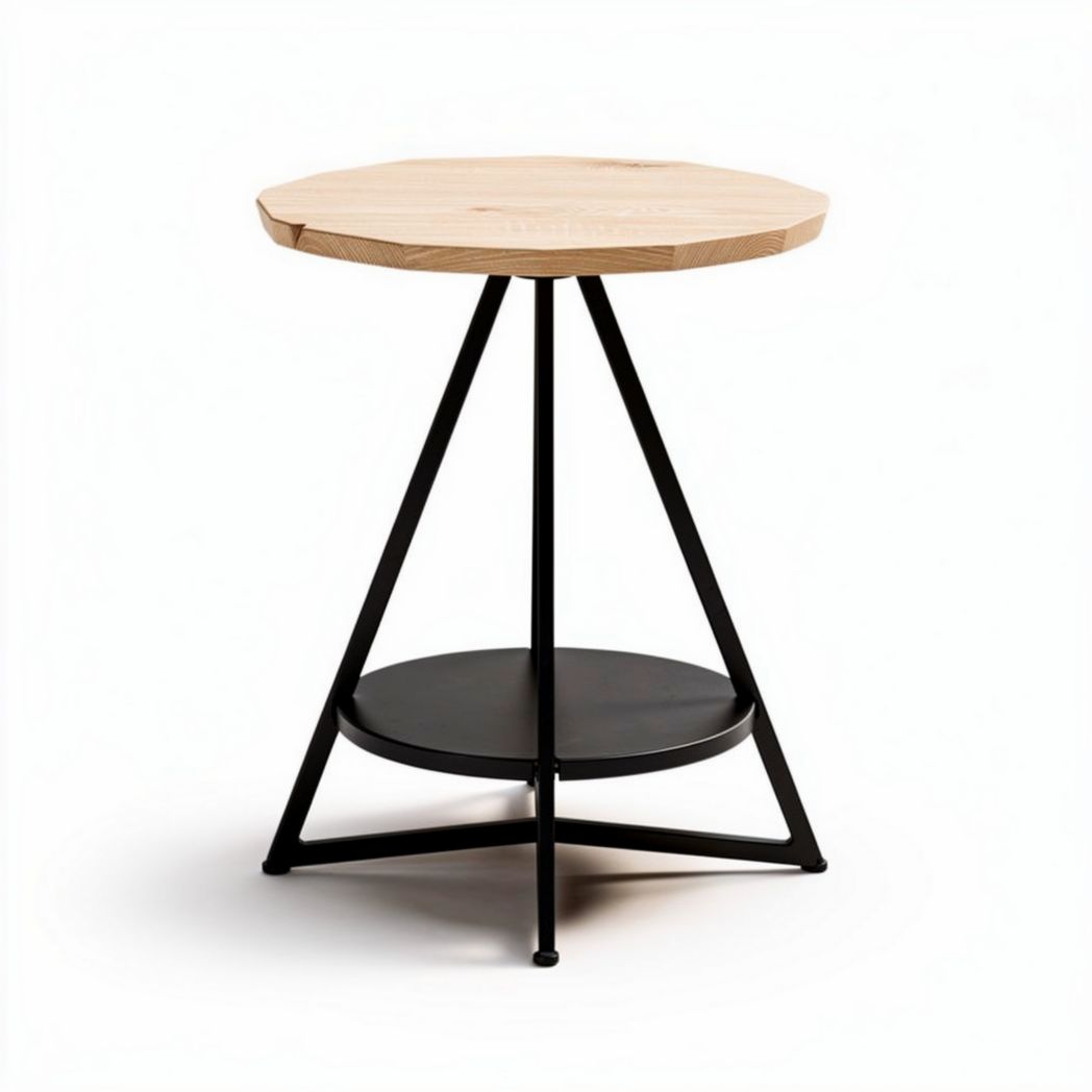 Wooden round side table with metal base and lower shelf 40 x 40 x 50cm