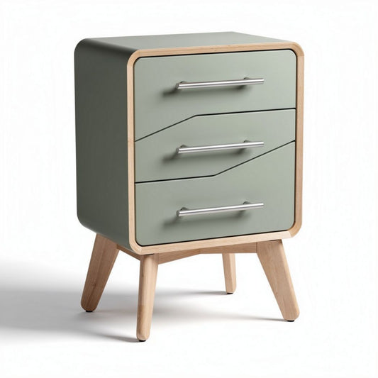 Modern green nightstand with three drawers and natural wood legs 45 x 40 x 60cm