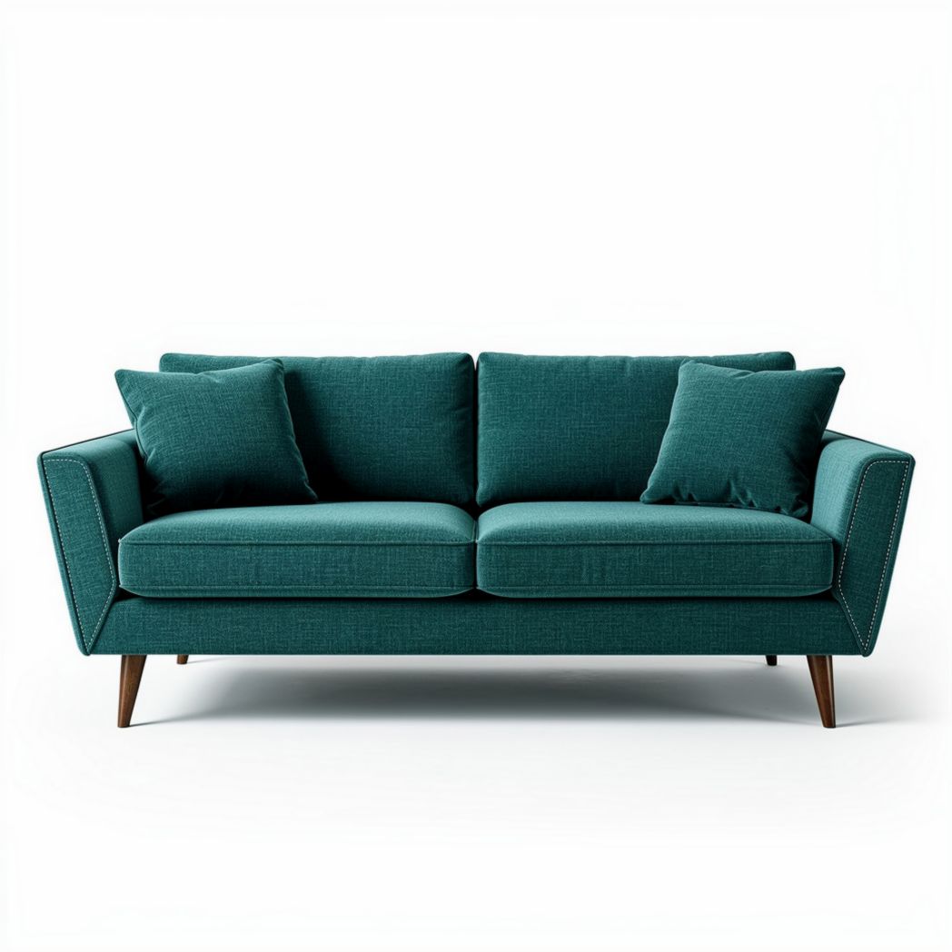 Teal fabric sofa with removable cushions and wooden legs 180 x 90 x 80cm