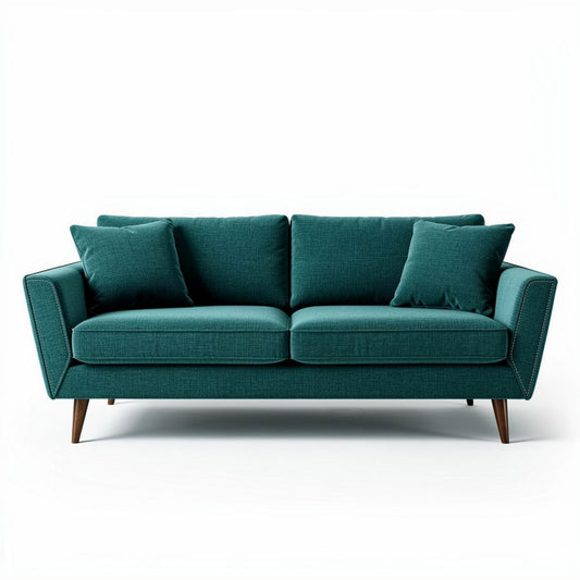 Teal fabric sofa with removable cushions and wooden legs 180 x 90 x 80cm