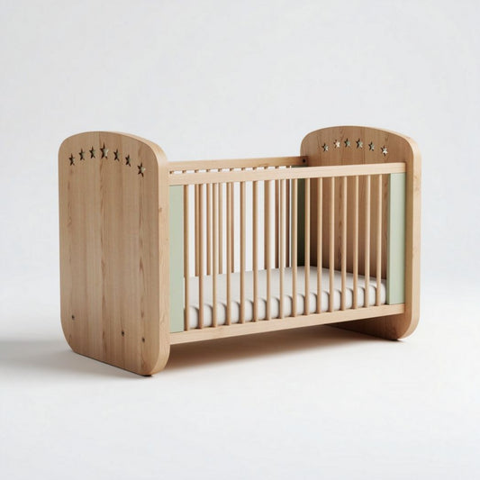 Wooden crib with stars design for infants measuring 120 x 60 x 80cm