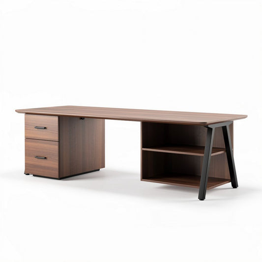 Wooden office desk with storage drawers and open shelves 150 x 75 x 75cm