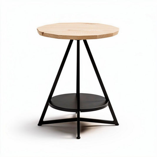 Wooden round side table with metal base and lower shelf 40 x 40 x 50cm