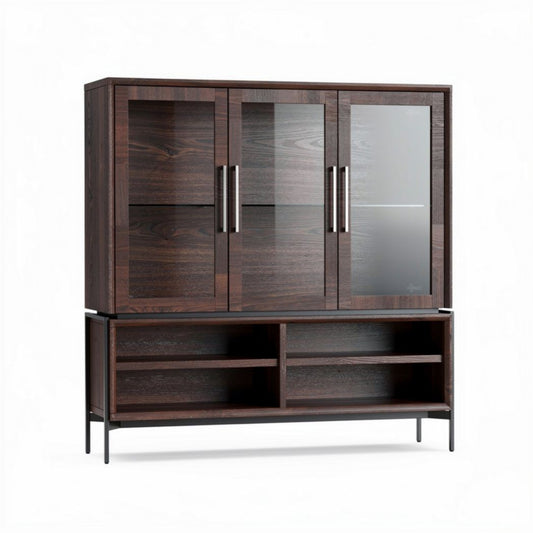 Modern wooden display cabinet with glass doors and open shelves 150 x 45 x 120cm