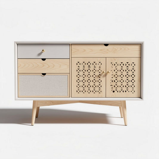 Wooden sideboard with storage drawers and perforated doors 80 x 40 x 70cm