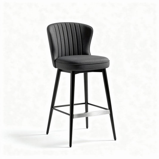 Bar stool with upholstered seat in charcoal gray measures 40 x 40 x 100cm