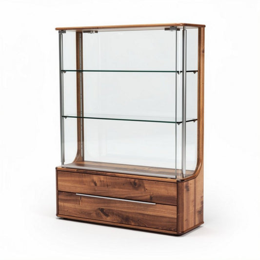 Wood and glass display cabinet with two drawers 80 x 40 x 150cm