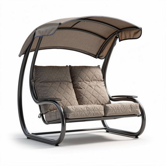 Swing loveseat with canopy and steel frame in brown fabric 150 x 120 x 160cm