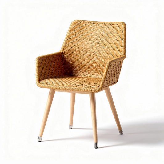 Woven rattan armchair with wooden legs for indoor or outdoor use