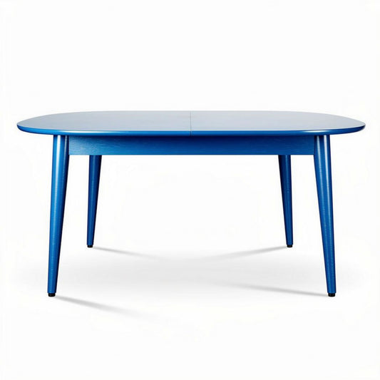 Blue dining table with rounded edges and wooden legs 150 x 80 x 75cm