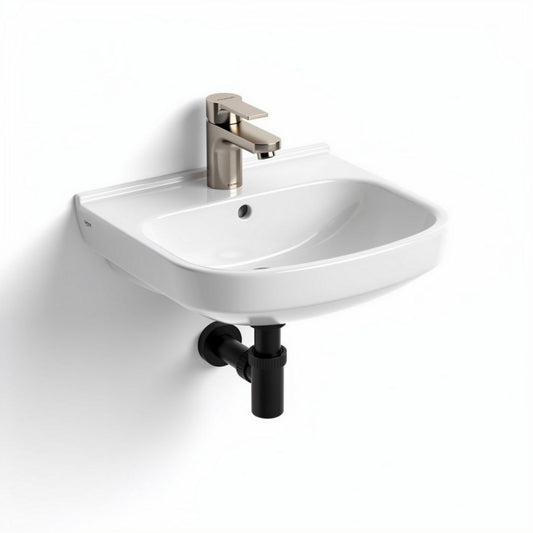 Wall-mounted bathroom sink with integrated faucet in white ceramic 50 x 40 x 15cm